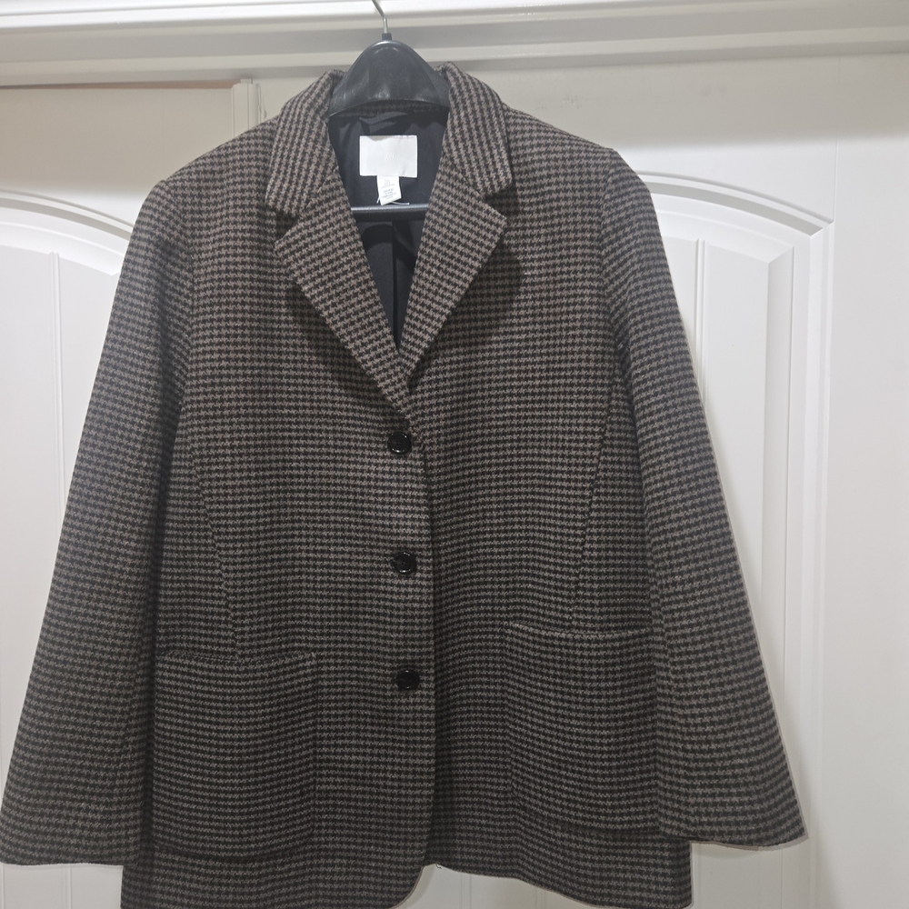 H&M SINGLE-BREASTED DARK BROWN HOUNDSTOOTH BLAZER SIZE L NWOT - Picture 5 of 10